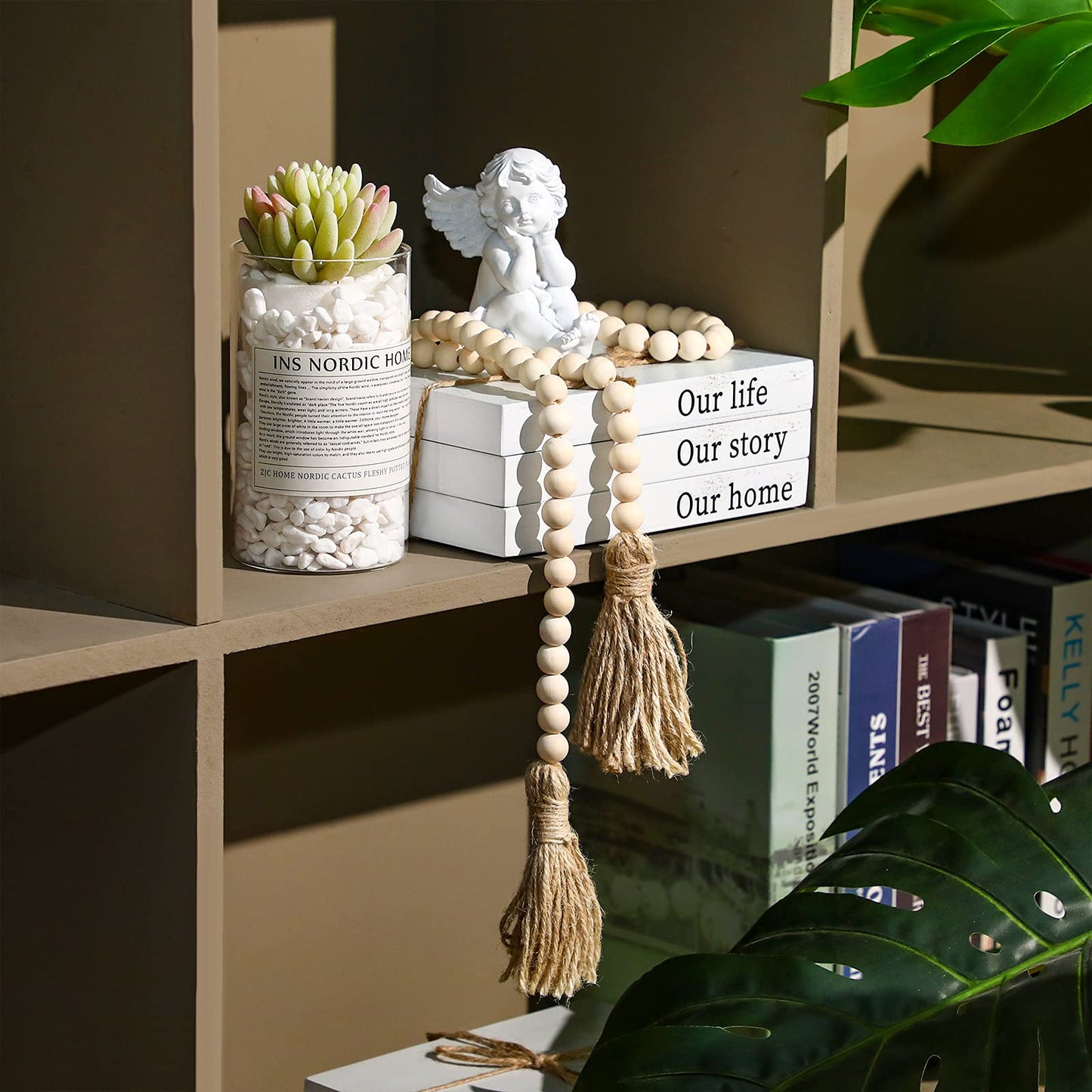 Jetec Decorative Books for Home Decor White Faux Farmhouse Stacked 3 Pieces Gift for Mother Teachers Friends Family for Coffee Tables Shelves with Wood Bead Tassels 58 Inch