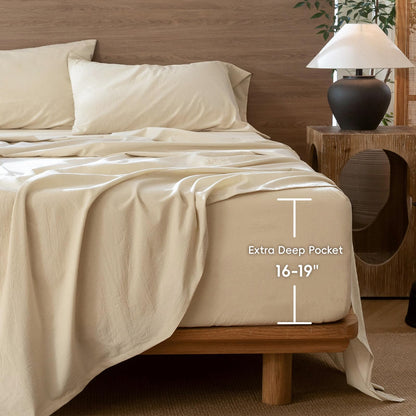 MooMee Fitted Bottom Sheet Only 100% Washed Cotton Linen Like Textured Breathable Durable Soft Comfy Deep Pocket Fits Mattress up to 17" (Almond Milk Grey, Queen)