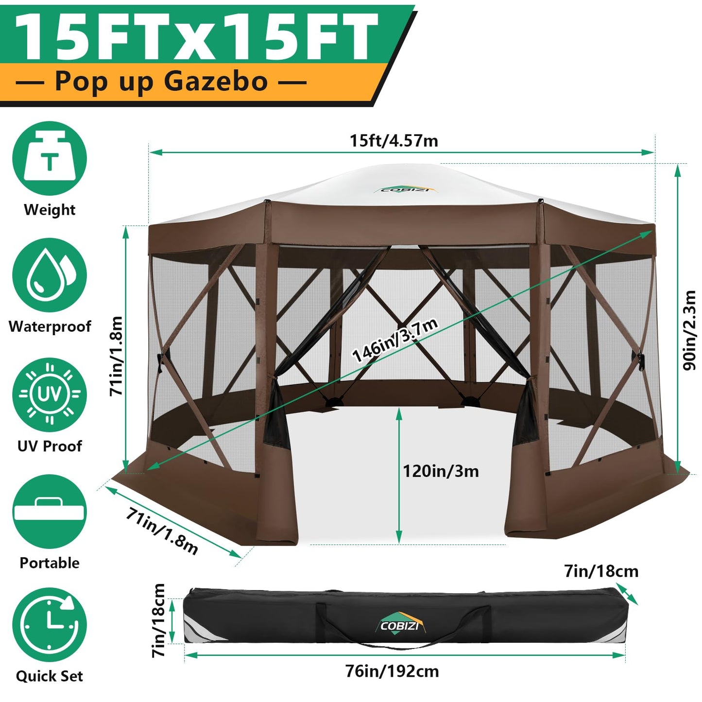 COBIZI Pop Up Gazebo Screen Tent Screen House for Camping, 15x15 Screen Room with Mosquito Netting, Hub Tent Instant Screened Canopy with Carrying Bag and Ground Stakes, Brown