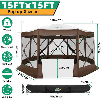 COBIZI Pop Up Gazebo Screen Tent Screen House for Camping, 15x15 Screen Room with Mosquito Netting, Hub Tent Instant Screened Canopy with Carrying Bag and Ground Stakes, Brown