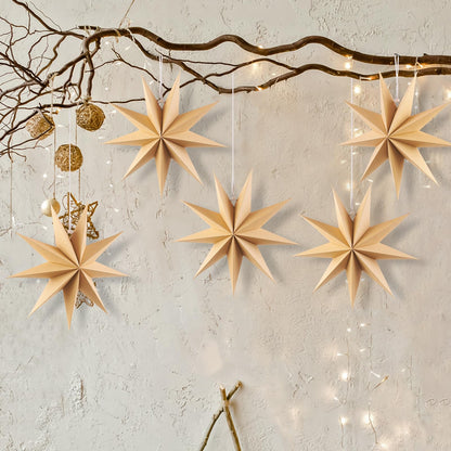 SUNBEAUTY 5 Pcs 9-Pointed Natural Paper Star Lanterns 12 Inch Christmas Hanging Lamp Rustic Paper Decorations Shade Wedding Birthday Christmas Home Party Decorations