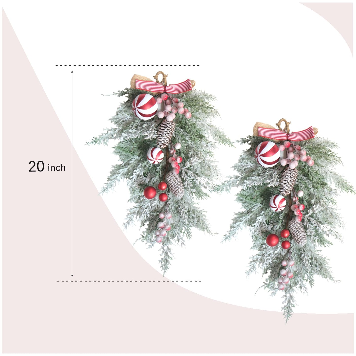 Egolot 2 PCS 20” Christmas Candy Cane Frosted Pine Needle Teardrop Swag Wreath for Front Door, Xmas Swag with Red White Balls and Berries for Indoor Outdoor, Christmas Window Mailbox Decor Teardrop