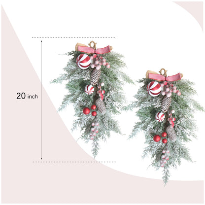 Egolot 2 PCS 20” Christmas Candy Cane Frosted Pine Needle Teardrop Swag Wreath for Front Door, Xmas Swag with Red White Balls and Berries for Indoor Outdoor, Christmas Window Mailbox Decor Teardrop