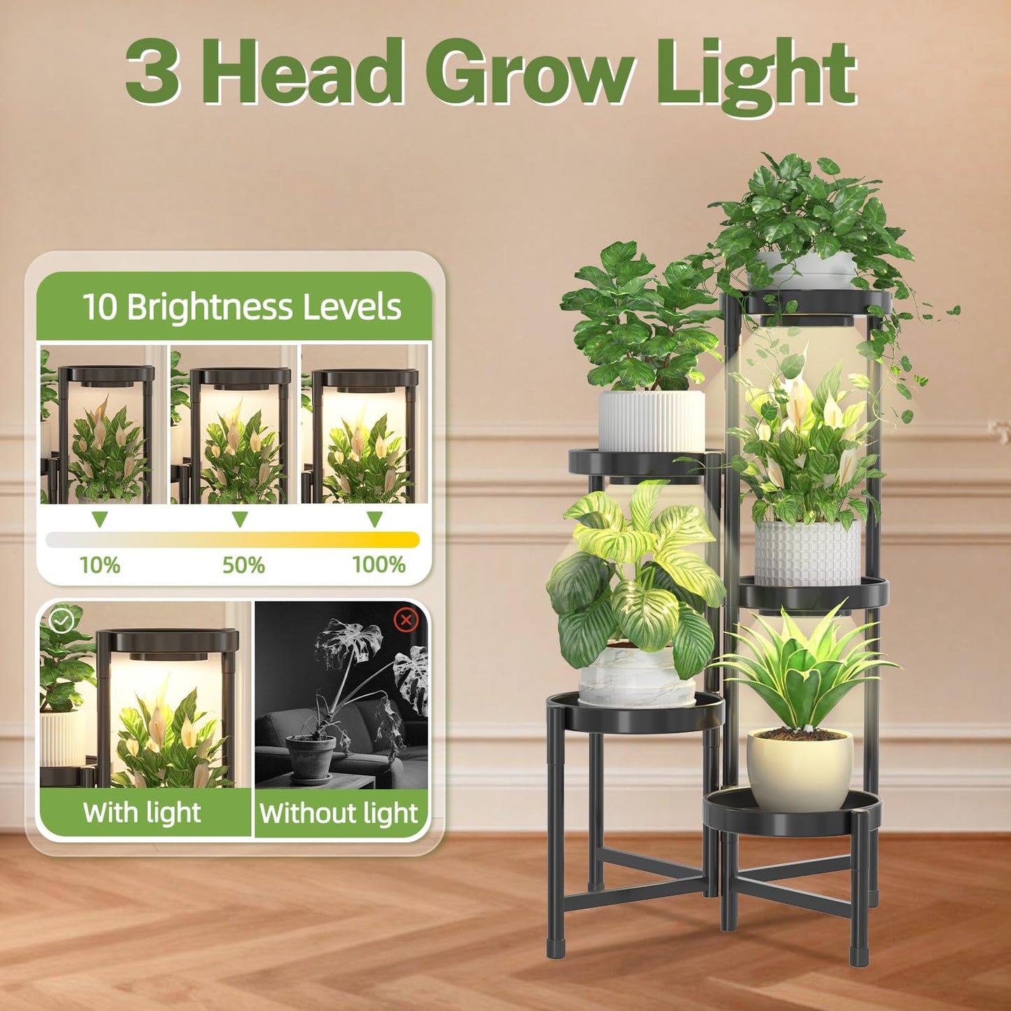 iDavosic.ly Plant Stand Indoor with Grow Light, 5 Tier Corner Metal Flower Display Holder Shelf, Easy Assembly Folding Tall Orchid Rack for Patio Balcony Porch Garden Living Room House, Black
