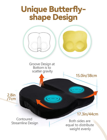 Travel Ease Ergonomic Seat Cushion, Premium Memory Foam Chair Pad with Anti-Slip Base for Long Hours Sitting Comfort, Hip Support Pillow for Office Chair, Car Seat, Gaming Chair (Black)