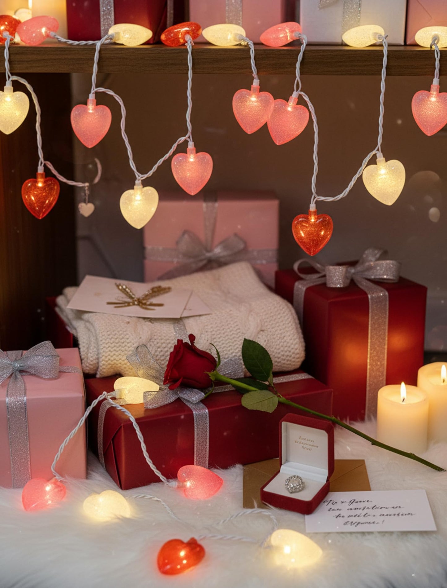 8.5ft Valentine’s Day Heart String Lights Plug in, Valentines Lights with 10 LED Red Pink White Shatterproof Bulbs, Fairy Lights for Indoor Outdoor Home Decor Wedding Party Birthday, Warm White