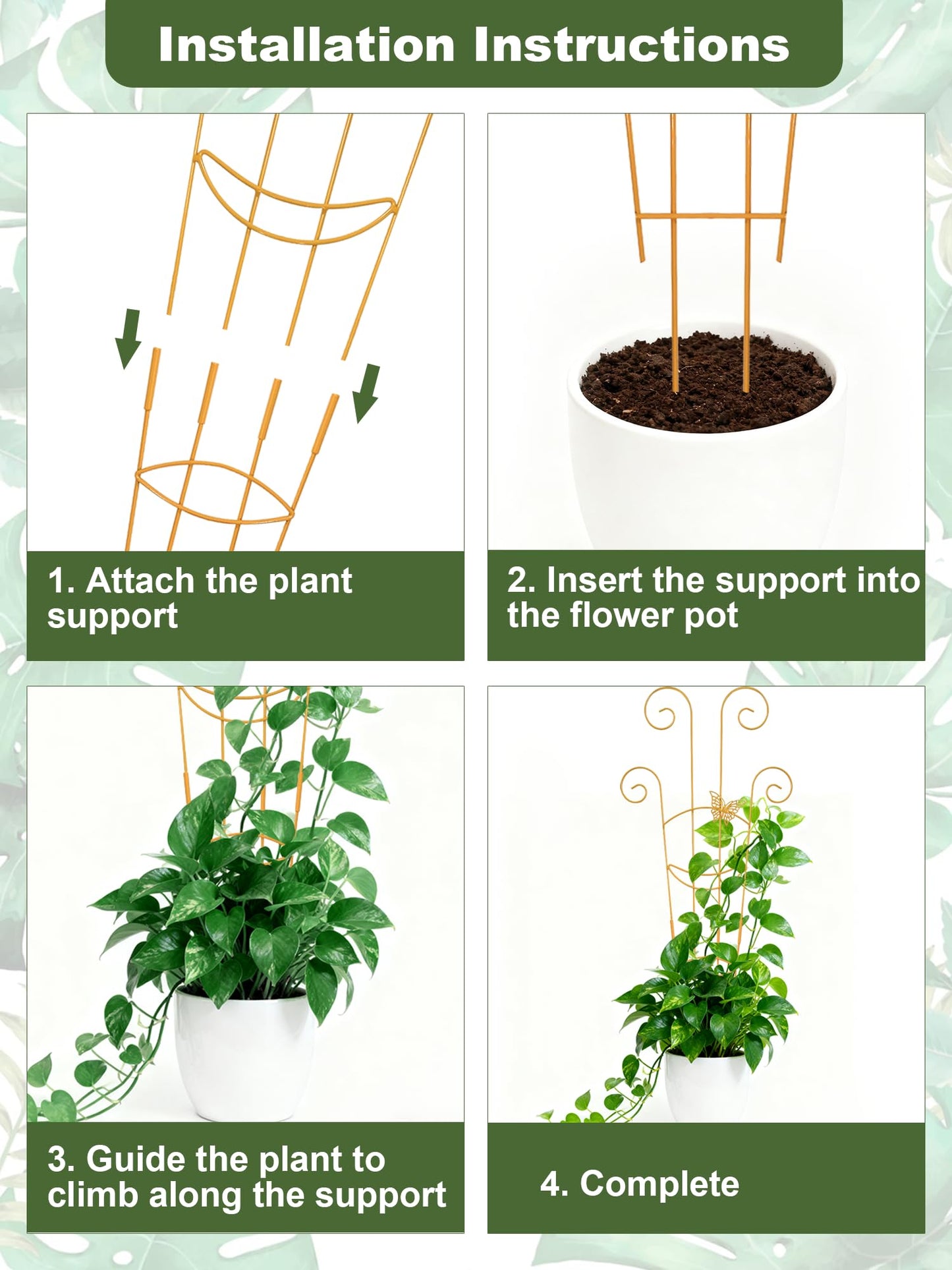 4Pcs Indoor Plant Trellis for Potted Plants, 30" Taller Expandable Garden Metal Trellis for Climbing Plants Outdoor, Houseplant Support Stakes for Ivy Pothos Hoya Flower (Gold)