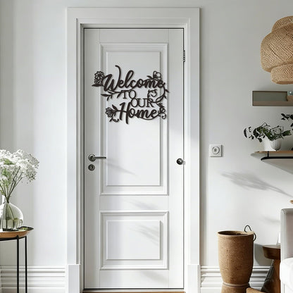 Zzbakress Welcome Sign - Outdoor Metal Wall Decor, Welcome To Our Home Sign Entryway Wall Decor, Text And Flowers Black Metal Wall Art For Living Room, Dining Room, Porch, Entry (Floral)