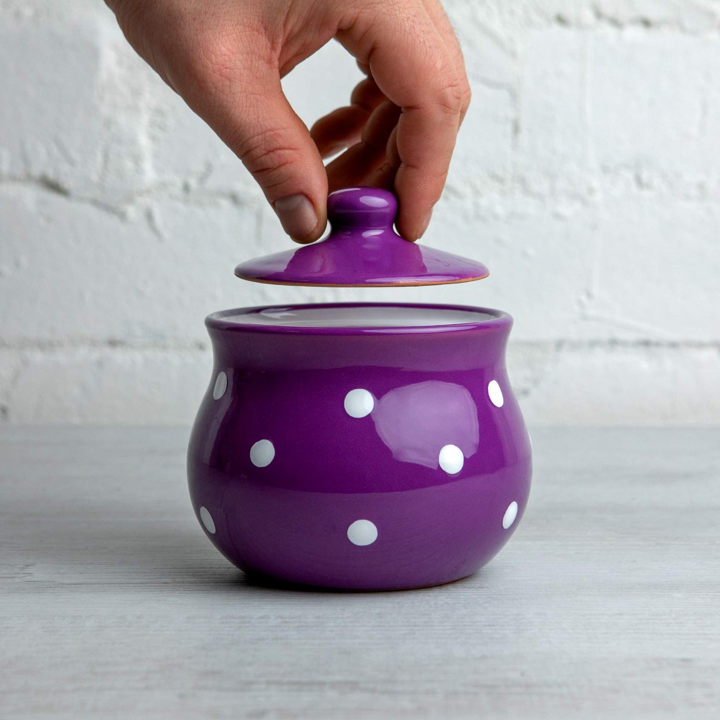 City to Cottage Ceramic Sugar Bowl with Lid, 10oz Sugar Contanier for Coffee Bar, Sugar Dispenser Bowl, Salt - Condiment Pot for Kitchen Counter, Handcrafted Purple Polka Dot Sugar Jar