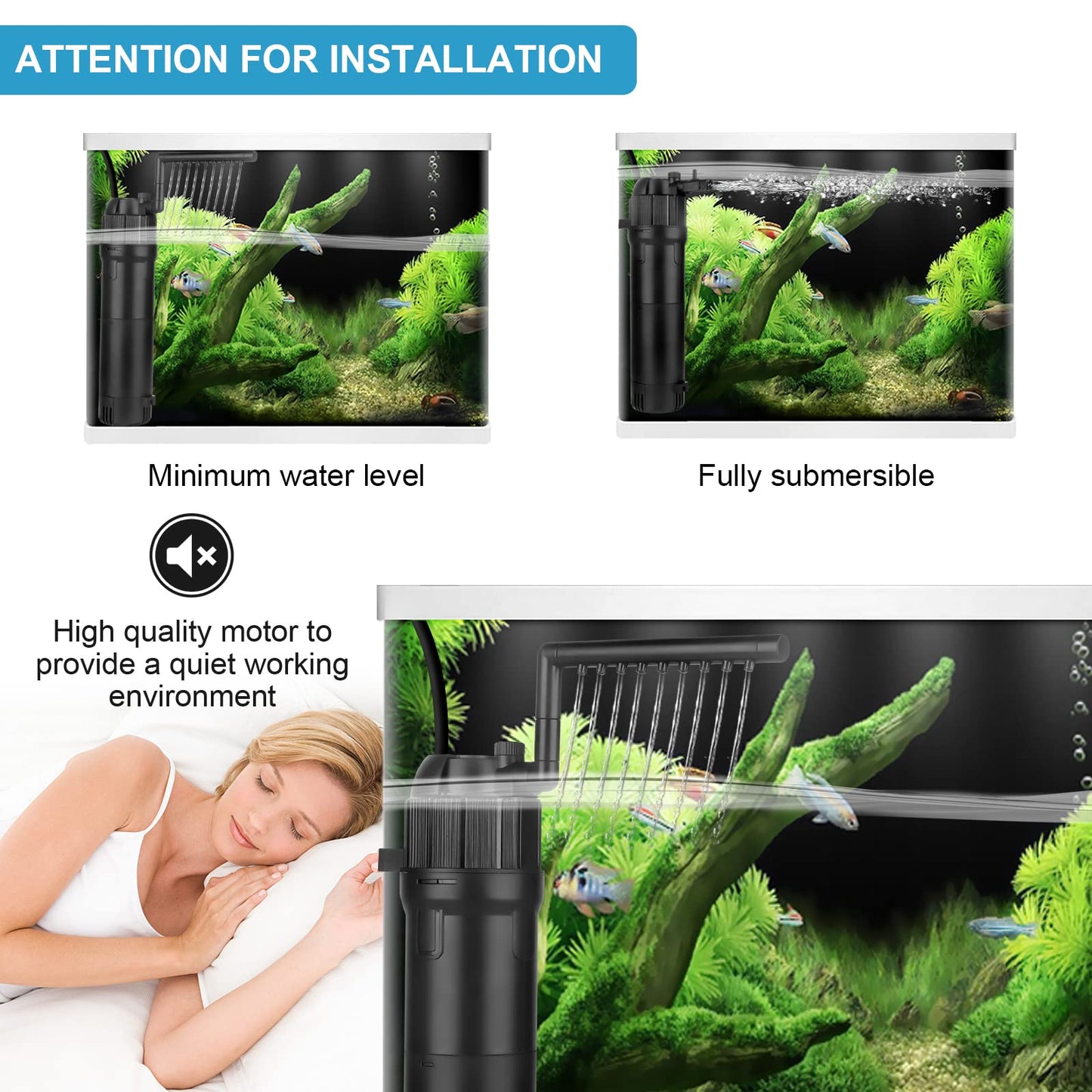 BAITAI Internal Fish Tank Filter,Aquarium Filter with UV Steriliser Turns Green Water to Clear,Multi-mode(Aeration/Rainfall,etc) Filter Pump for 80-200L Aquariums,Flow Rate and Direction Adjustable