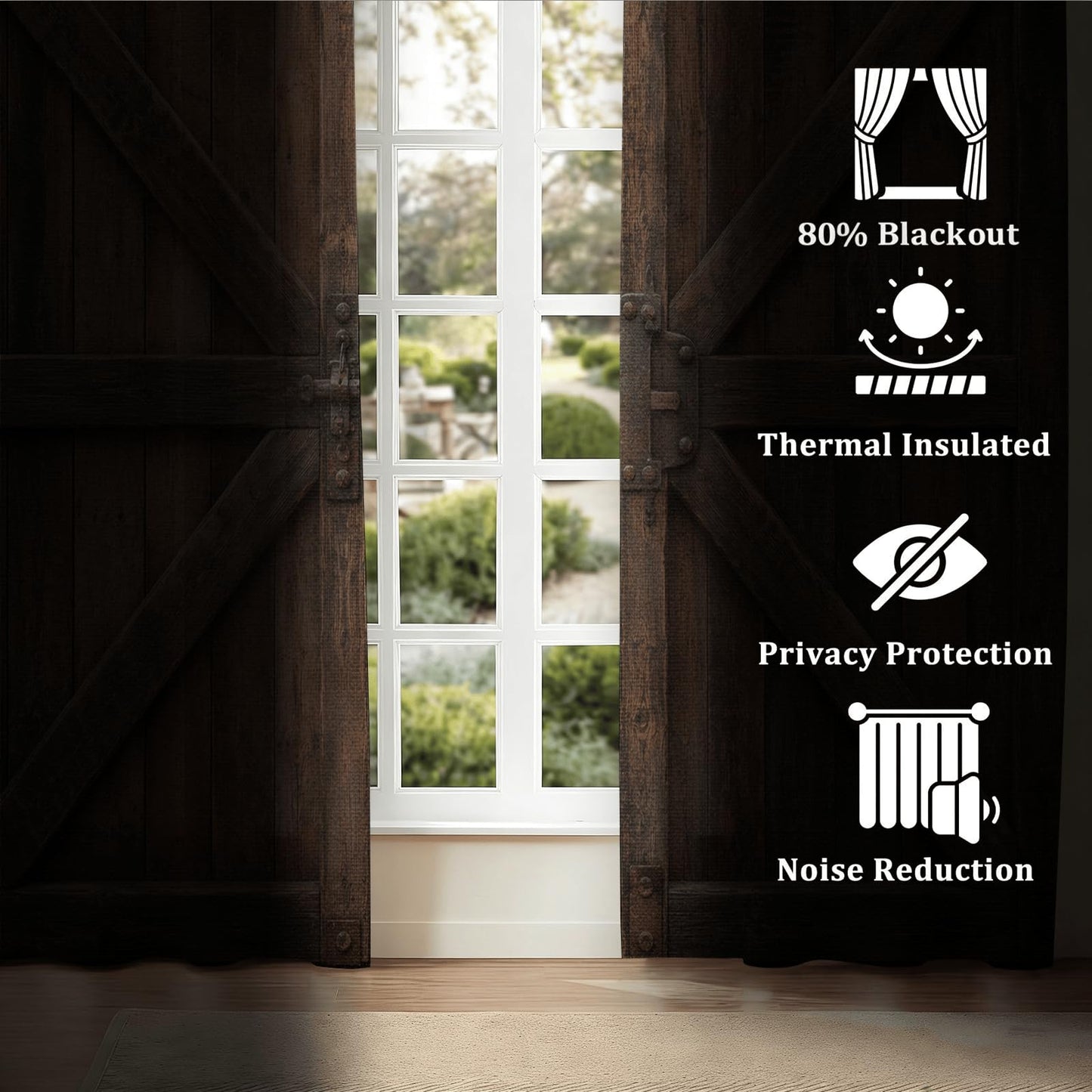 Warm Brown Rustic Barn Door Blackout Curtains, Vintage Wooden Texture Grommet Top Window Drapes, Thermal Insulated Room Darkening Curtains for Bedroom Farmhouse Cabin, 2 Panels Set, 37"W x 63"L