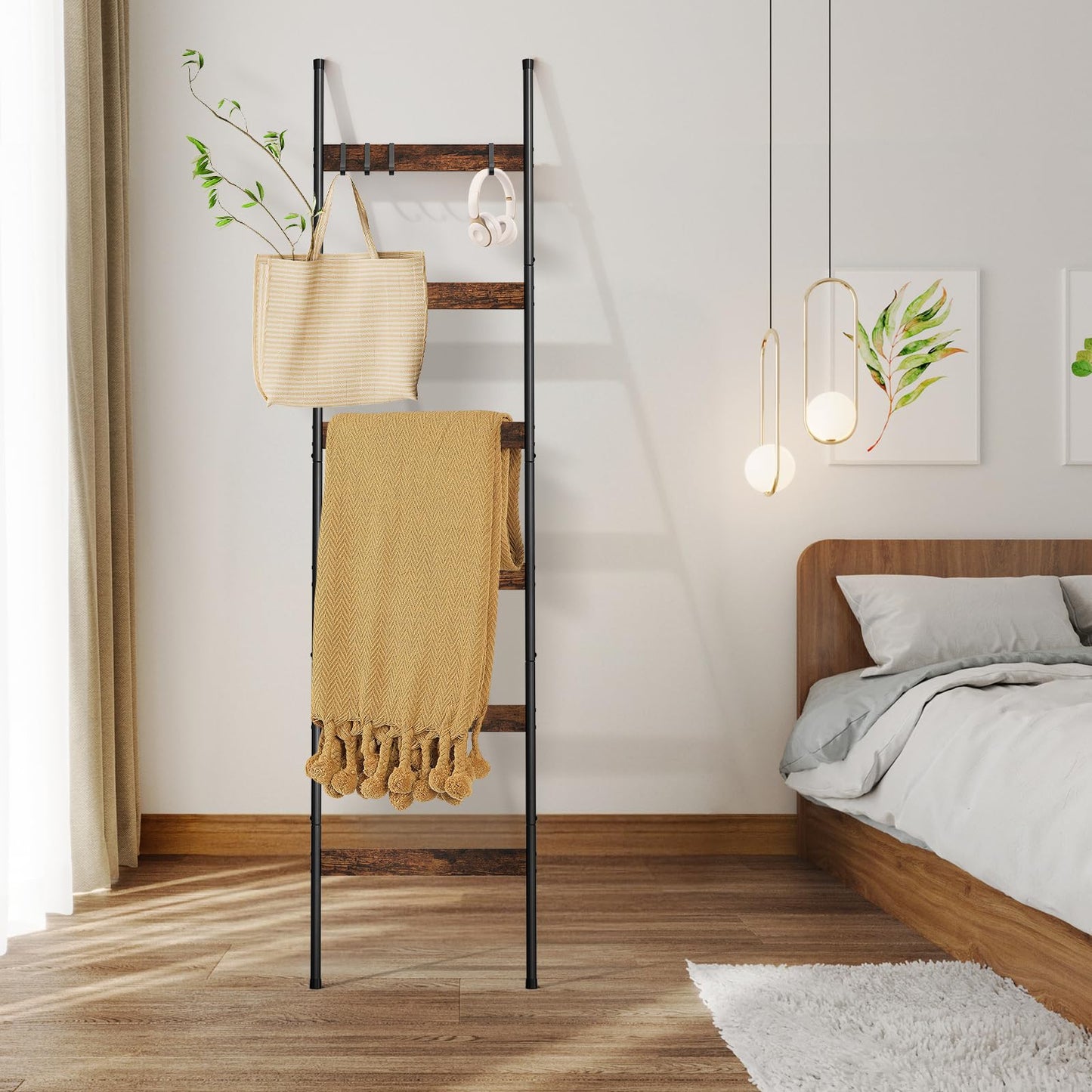 ELYKEN Blanket Ladder for Living Room, Farmhouse 6-Tier Quilt Holder with 4 Removable Hooks for Bathroom, Wood Towel Rack Display, Wall Anchor Leaning Decorative Stand for Home, Rustic Brown