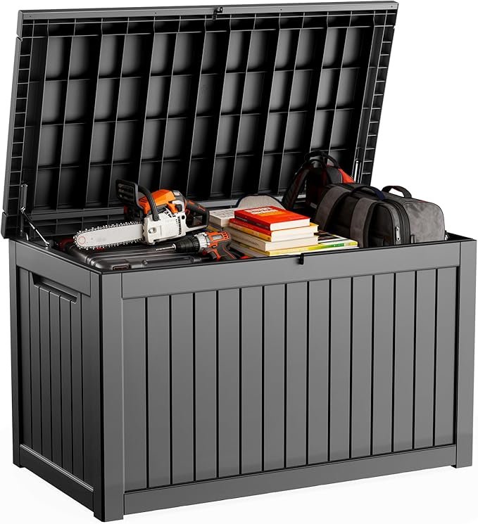 DRATO 280 Gallon Deck Box, Outdoor Large Waterproof Resin Storage Box with Lockable Lid for Patio Cushions, Gardening Tools（Black，280 Gallon）