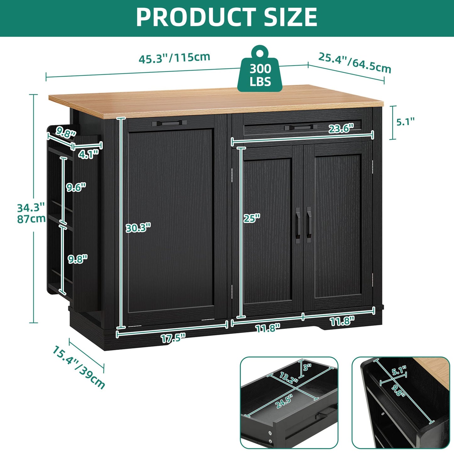 YITAHOME 50 Inch Rolling Kitchen Island with Trash Can Storage, Portable Mobile Islands Table with Drop Leaf, Floating Kitchen Butcher Block Cart on Wheels, Fits 13 Gallon Garbage Bin, Black