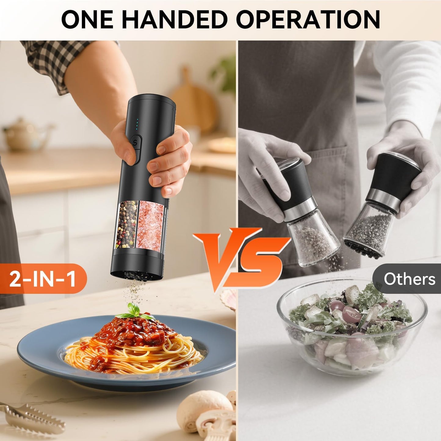 HeatBay 2 in 1 Electric Salt and Pepper Grinder Set, USB Rechargeable, Automatic Salt and Pepper Mill Shakers with Battery Display, LED Light, Adjustable Coarseness Ideal for Kitchen Gift(Black)