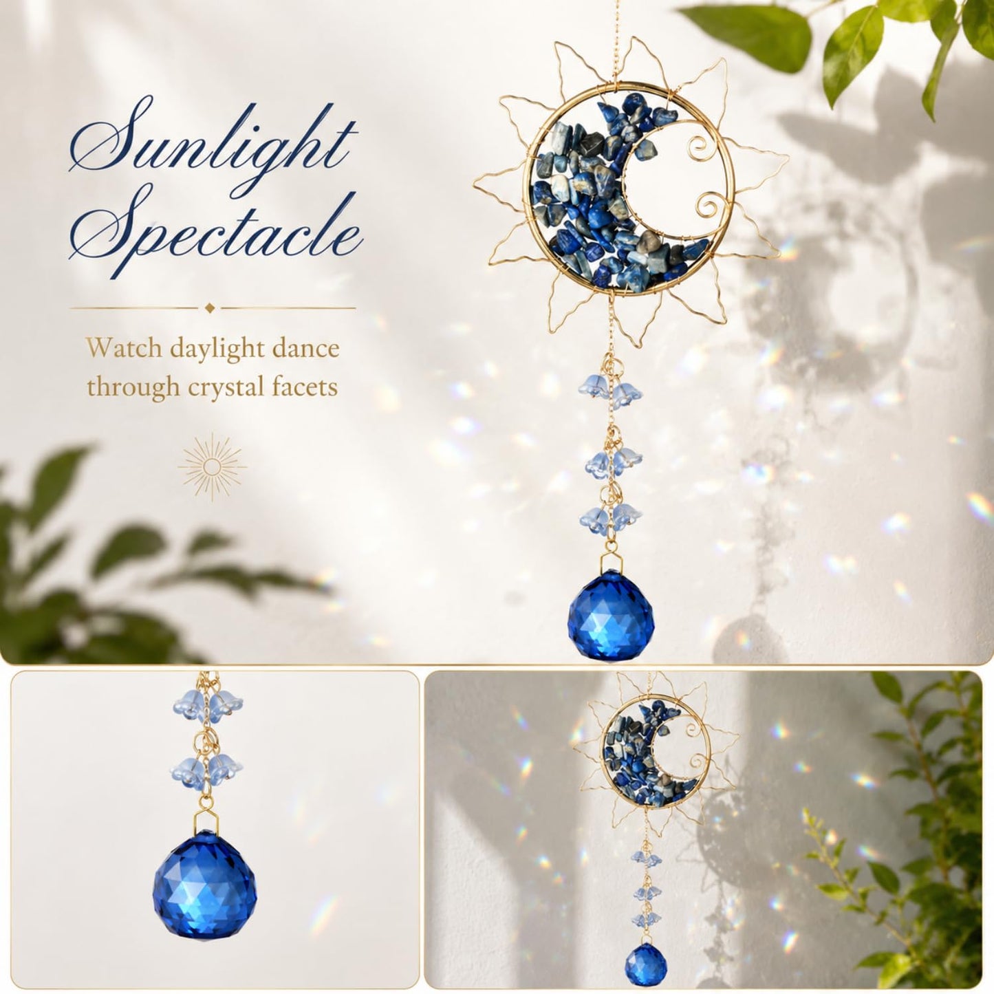Hanging Sunlight Catcher, Sun & Moon Crystal Suncatcher, Crystal Hanging Ornament, Hanging Crystals for Decoration, Festival Gift, Window Decoration (Blue)