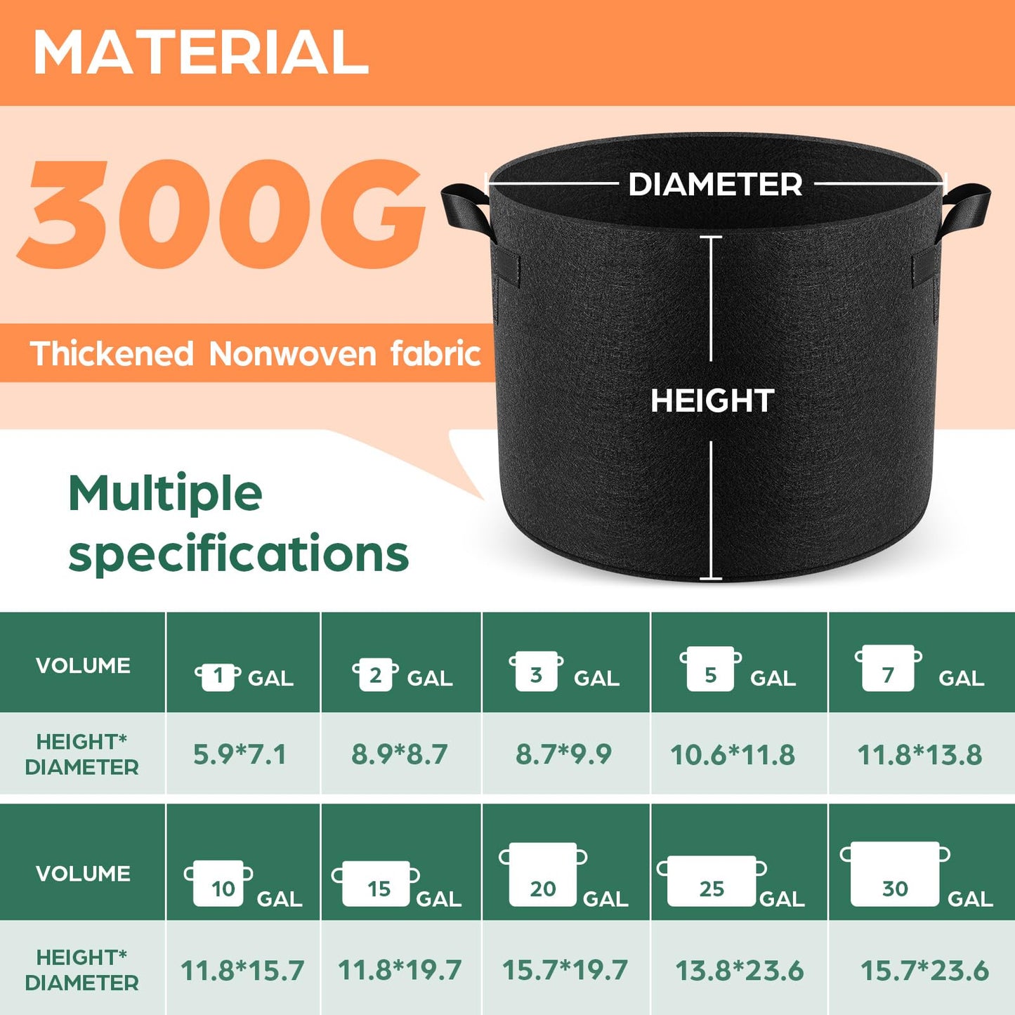 Jorvila 5 Pack 15 Gallon Grow Bags, Thickened Nonwoven Fabric Planter Pots with Handles, Heavy Duty 300G Garden Pots for Tomato, Potato and Vegetable