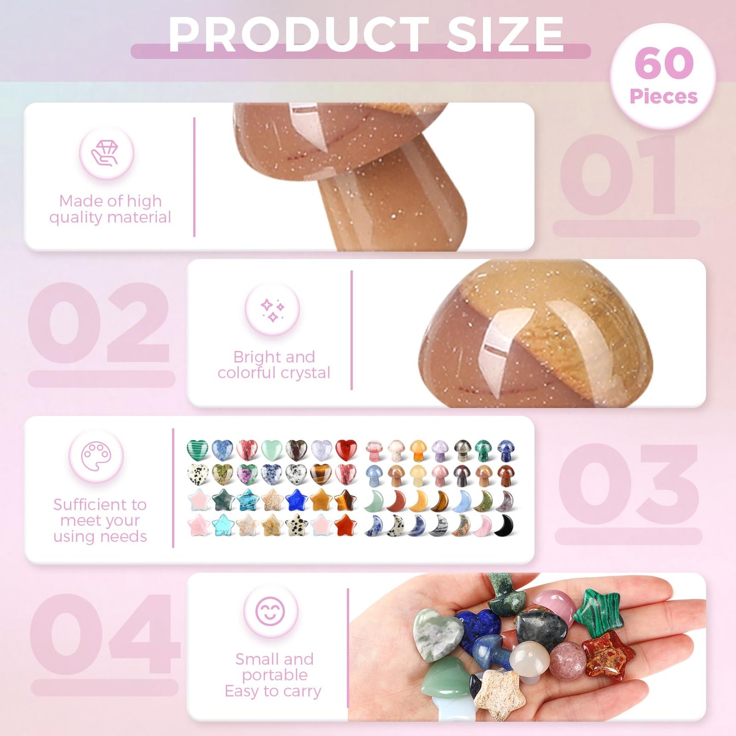 Nuenen 60 Pieces 20 * 20 * 6 mm Crystal Mushroom Sculpture Heart Shaped Moon Star Crystals Stones Bulks Worry Stones Assorted Hand Making Palm Thumb Gemstones for Witchcraft Meditation Reiki(Classic)
