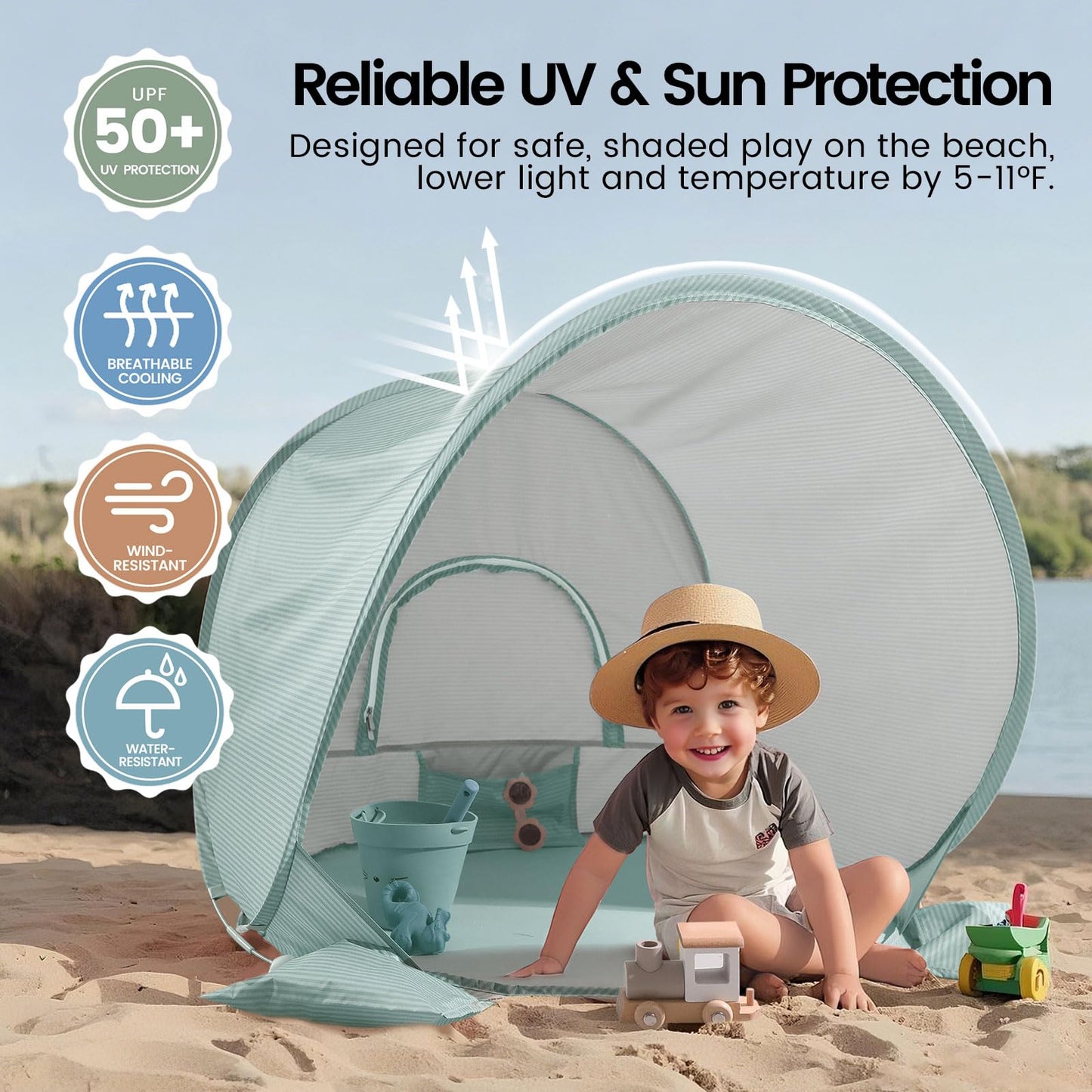Tiny Land Baby Beach Tent – Pop Up Baby Tent with UV Protection, Portable Baby Beach Essentials, 35"x28"x32" Sun Shelter for Infants, Baby Outdoor Use (Green)