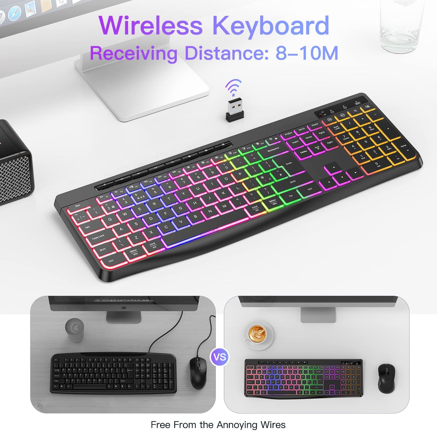 TECURS Wireless Keyboard QWERTY UK Layout, 2.4G Wireless Gaming Keyboard, LED Backlit, Ergonomic, Quiet, Rechargeable, Full Size Keyboard with Multimedia Keys for Computer/PC/Laptop/MAC/Windows