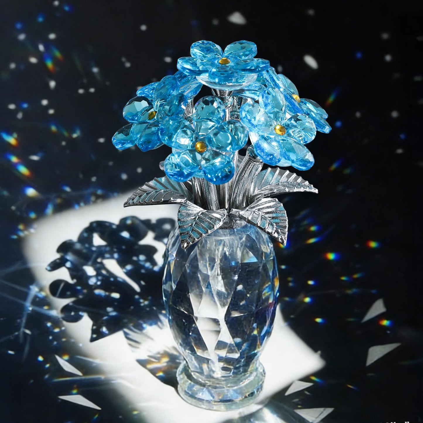 MysticGlitz Crystal Forget-Me-Not Flowers Figurine, Blue Glass Flower Bouquet with Silver-Plated Stem & Faceted Crystal Vase, 5.7" Tall Crystal Collectible, Home Decor