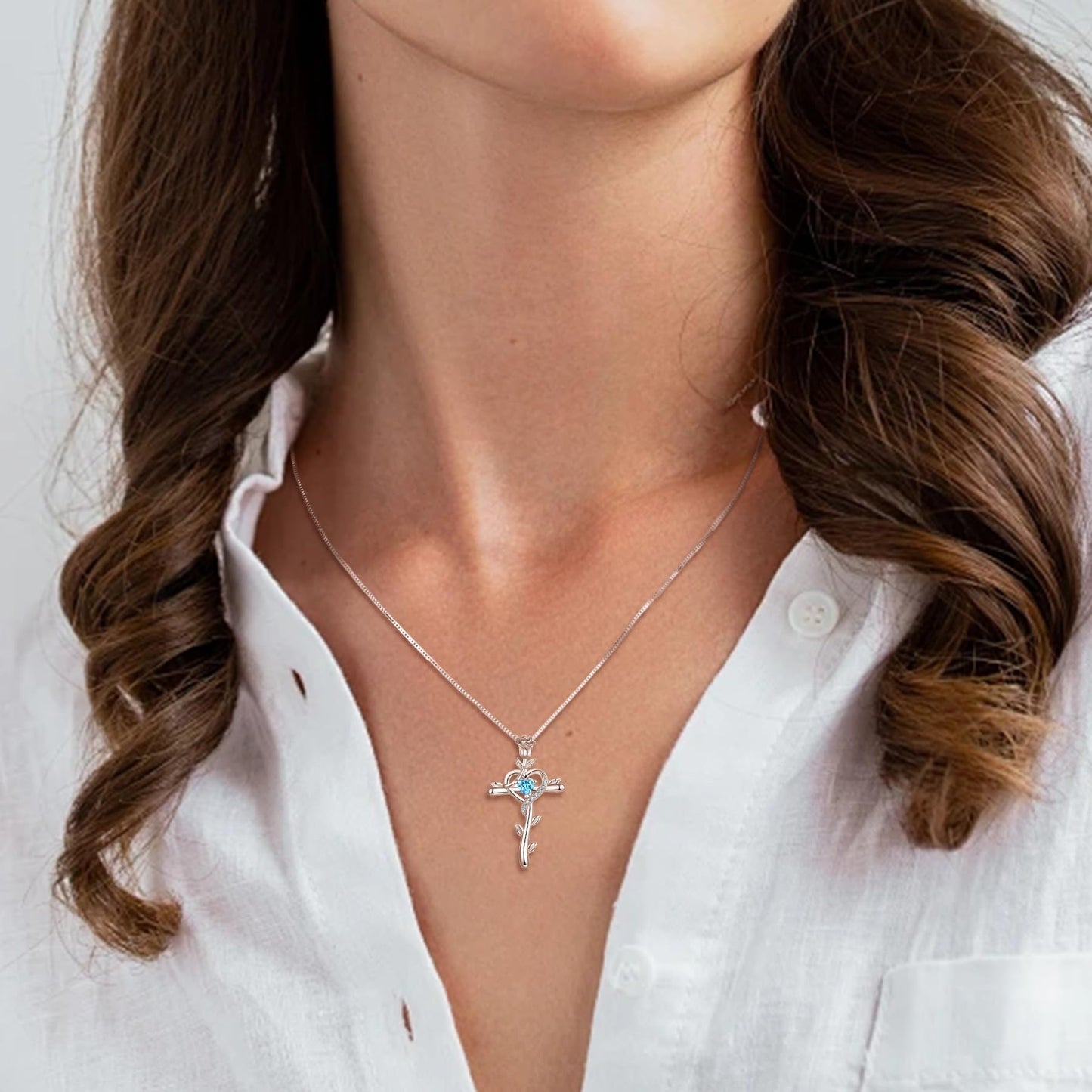 STARCHENIE Rose Cross Necklace 925 Sterling Silver Heart Crucifix Pendant Created Aquamarine Jewelry for Women
