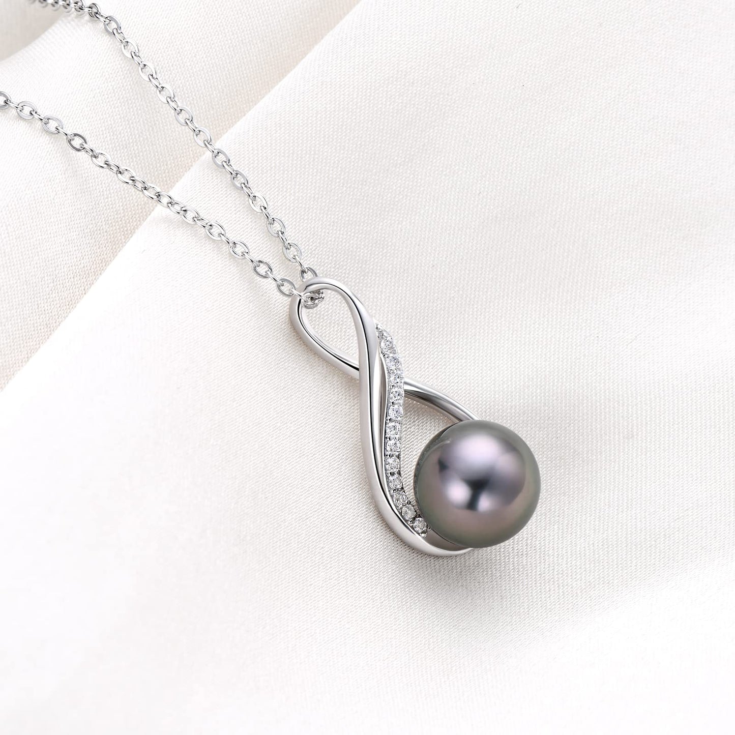 DENGGUANG Tahitian Black Pearl Necklace for Women, 9-10mm Cultured Round Pearl Infinity Pendant with Moissanite, 925 Sterling Silver Adjustable Chain 18+2", Anniversary Wedding Birthday Christmas Gift for Wife Mom, Women Jewelry