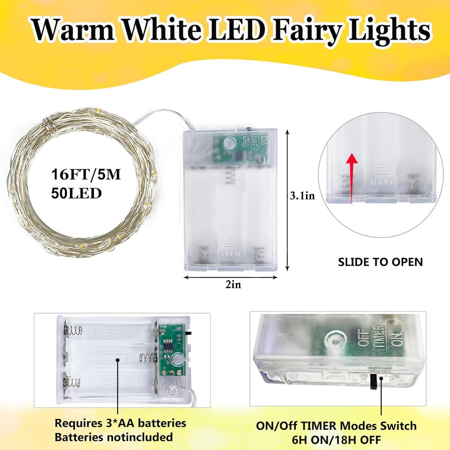4-Pack Fairy Lights Battery Operated with Timer, Waterproof 16FT 50 LED String Lights Indoor Outdoor, Cuttable Starry Fairy Lights for Home Bedroom Classroom Dorm Wedding Christmas Decor (Warm White)