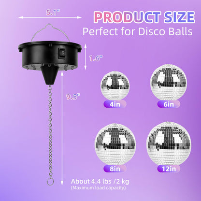 Rotating Disco Ball Motor with Light: Battery Operated 6 RPM Hanging Mirror Ball Spinner - 18RGBW Led Light Up 4 6 8 12 inch Party Disco Balls Rotator for Parties Home Decor Weddings KTV