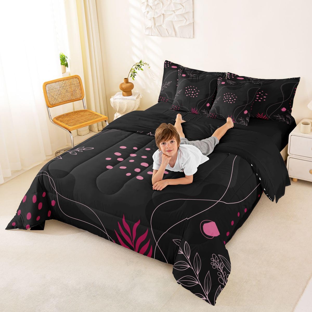 Erosebridal Boho Black Pink 7 Piece Comforter Set Full Bed in a Bag Mid Century Modern Bedding Sets Geometric Lines Comforter and Sheet Set, Modern Abstract Bed Sets