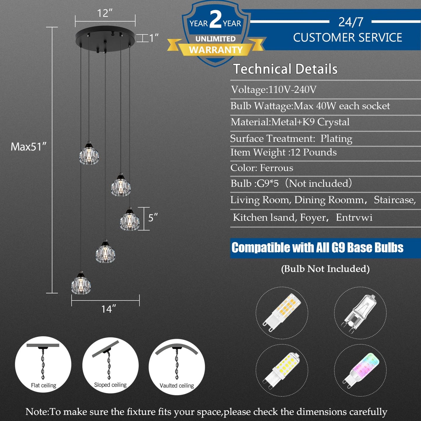 Weesalife Crystal Chandeliers for Dining Room Lights Fixture Over Table, 5-Light Black Modern Pendant Light Fixture，Crystal Chandeliers for Living Room Kitchen Island Staircases Foyer Hallway Bar