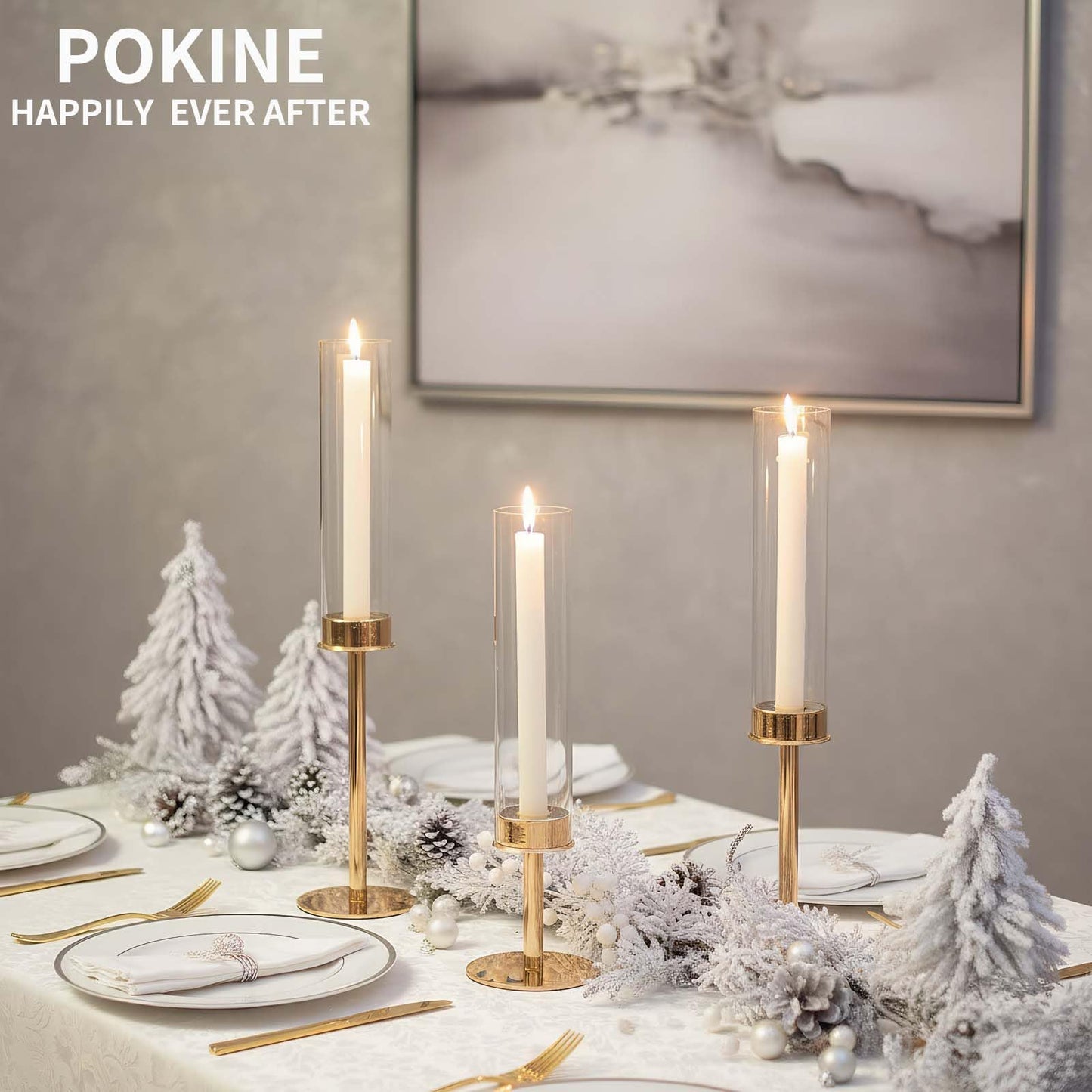POKINE Gold Candle Holders Set of 3 for Glass Taper Candle Holders,Hurricane Candlestick Holder for Home Decor, Wedding, Dinning, Party Decorative, Anniversary (3,Gold)