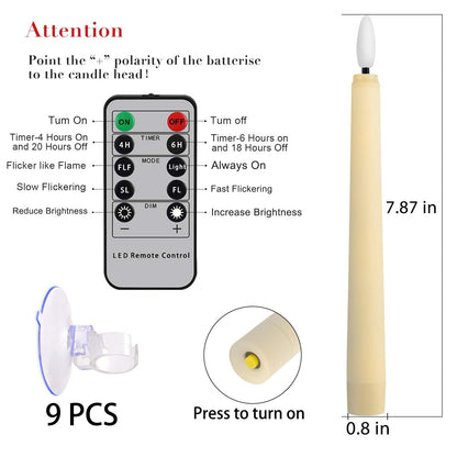 FREEPOWER 9 PCS Flameless Taper Candles Battery Operated, Realistic Flickering Window Candles with Daily Timer, Remote & Suction Cups Included,for Christmas Home Wedding Decor (Ivory)