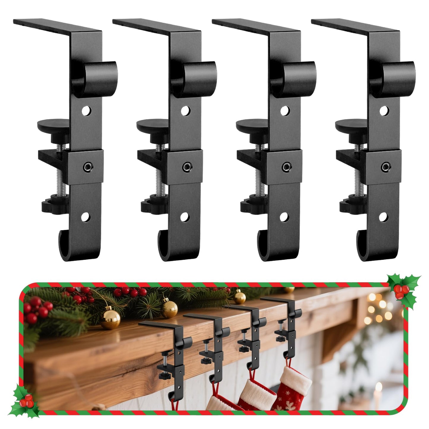 Acrridi Stocking Hangers for Mantel,4 Pcs 2 in 1 Adjustable Fireplace Christmas Stocking Holder,No-Drill, Easy to Install Garland Hanger for Christmas Decorations,Fits 0.1”-3.5”Mantles(Black, 4)