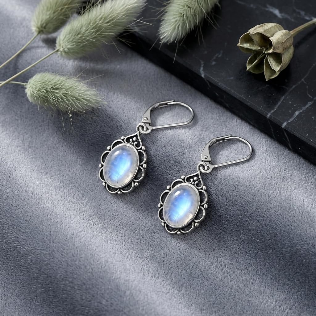 Moonstone Drop Earrings for Women 925 Sterling Silver Vintage Oval 9x7mm Filigree Leverback Dangle Earrings, Gothic Victorian Antique Jewelry Gifts