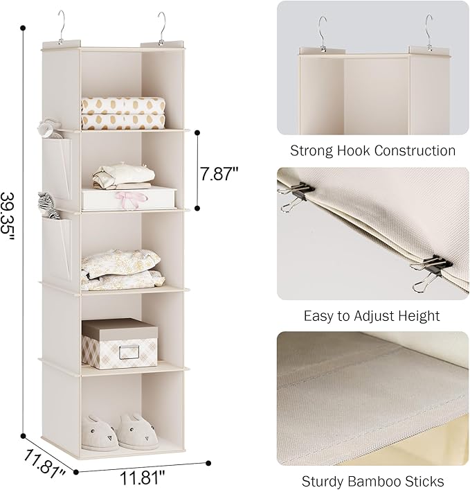 YOUDENOVA Hanging Closet Organizer, 5-Shelf Closet Hanging Storage Shelves