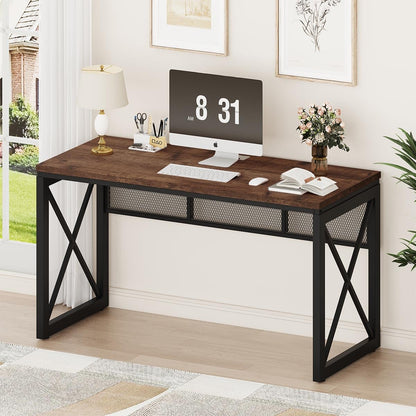BON AUGURE Farmhouse Computer Desk, Modern Industrial Home Office Desks, Wood Metal Study Writing Table, Sturdy Gaming Desk (Rustic Oak, 54 Inch)