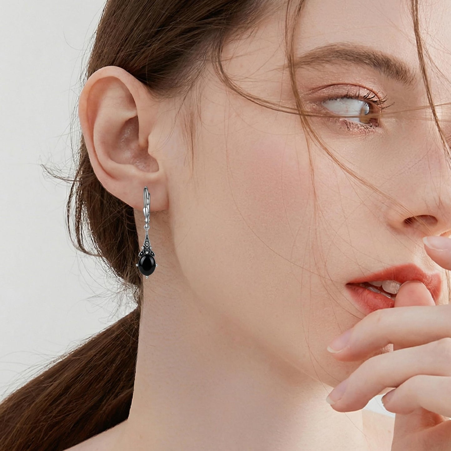 Natural Black Onyx Earrings 925 Sterling Silver Vintage Retro Leverback Dangle Drop Earrings Birthday Jewelry Gifts for Women
