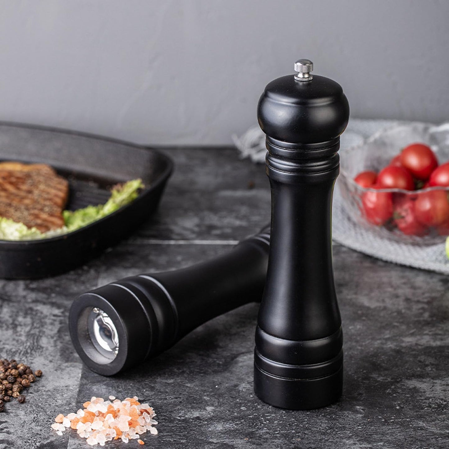 BINHAI Black Set Salt Pepper Mill,Wooden Pepper Grinder Manual Mills Solid with Strong Adjustable Ceramic Grinders 2 Piece 8 Inches