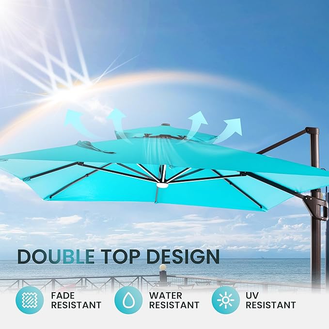 10 X 13 FT Cantilever Patio Umbrella with Led Lights and Base Included Outdoor Heavy Duty Double Top Rectangle Offset Umbrellas with 360-degree Rotation for Pool Deck Backyard, Turquoise