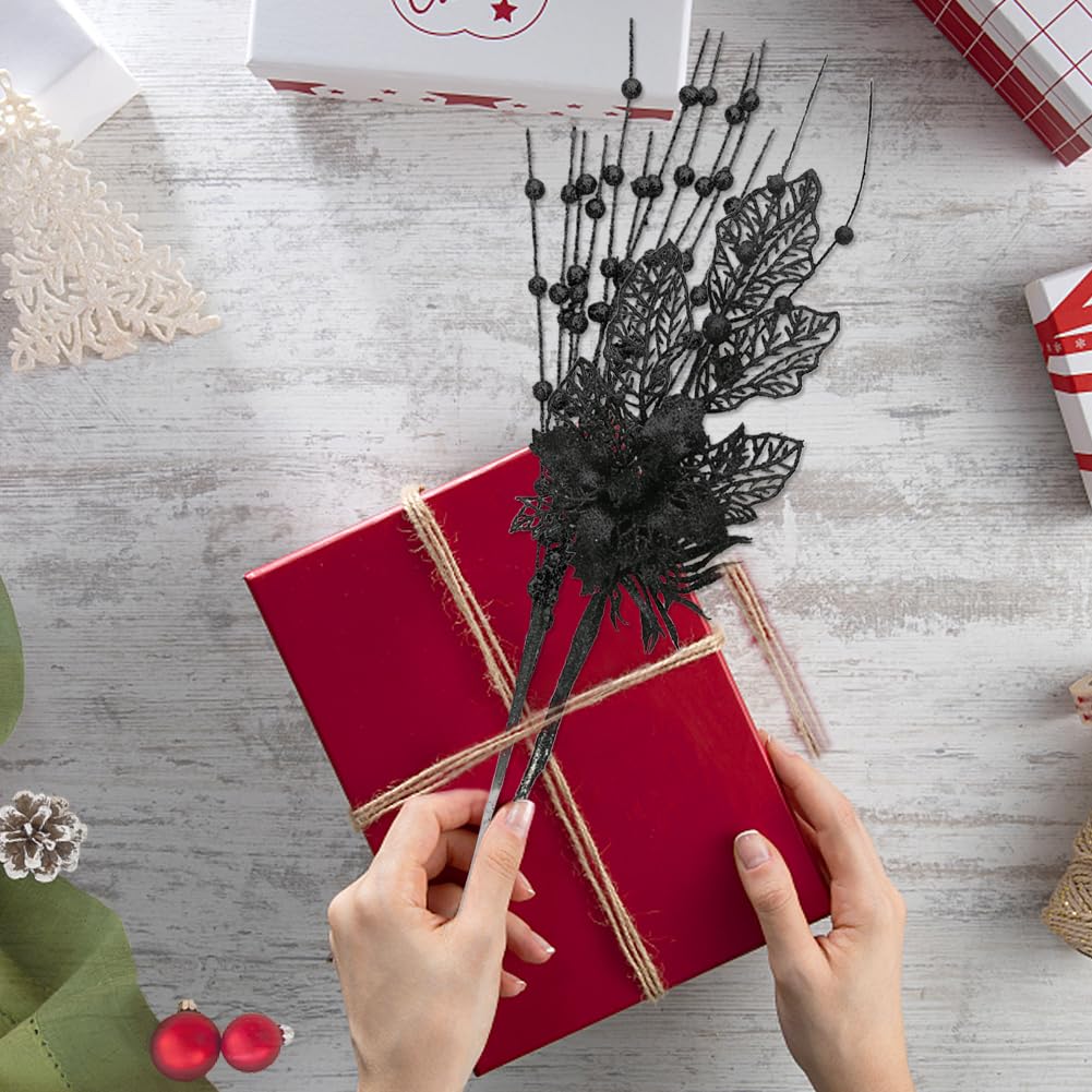ROSELEAF 28 Pack Black Christmas Tree Ornaments, Artificial Glitter Berry and Flowers Stem Branches Picks for Halloween Xmas Tree Decoration Gift Small Vase Home Holiday Wedding Party Decor