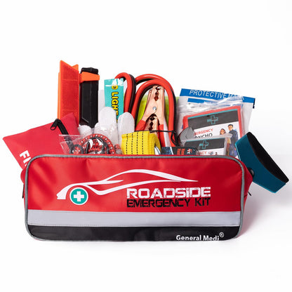 General Medi 127-Pieces Roadside Car Emergency Kit Include Mini First Aid Kit, Jumper Cables,Tow Rope, Bandage, Safety Vest, Emergency Triangle, All in One Pack