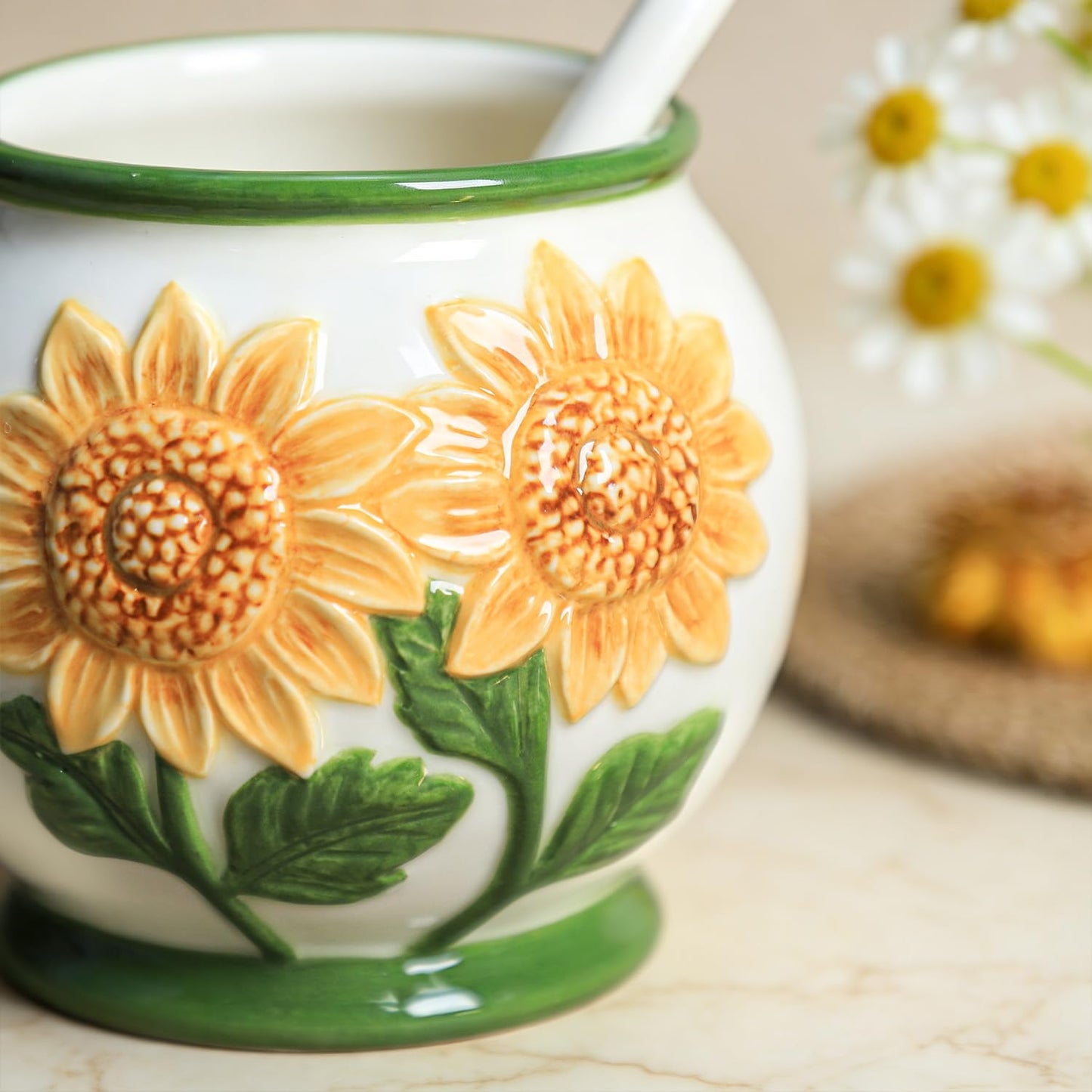 WAIT FLY Embossed Sunflower and Bee Ceramic Sugar Bowl with Lid and Spoon, Sugar Container, Sugar Jar for Kitchen Countertop, Coffee Bar-A