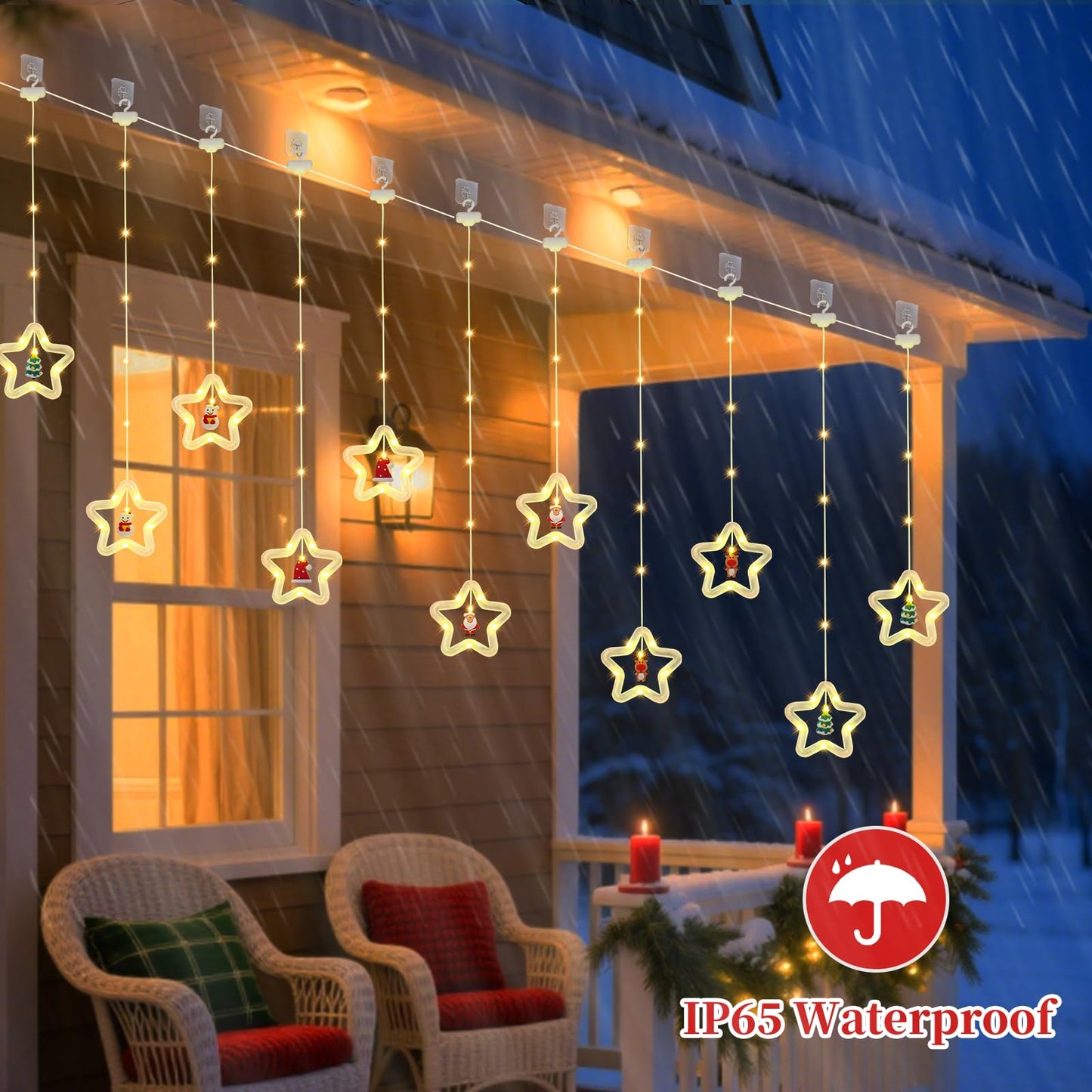 BomKra Christmas Star Curtain Lights, Christmas Window Lights Decor with Remote,8 Lighting Modes, IP65 Waterproof, 10 Hooks Christmas Decorations Indoor Outdoor for Bedroom Party Wall Door Window