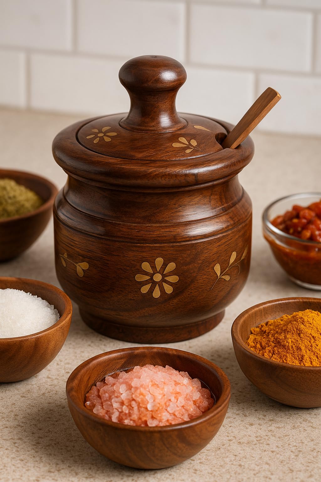 AMERIZONE Handcrafted Sheesham Wood Spice Jar with Spoon & Lid | Decorative Wooden Sugar/Spice Container with Brass Inlay | Traditional Kitchen Storage Pot