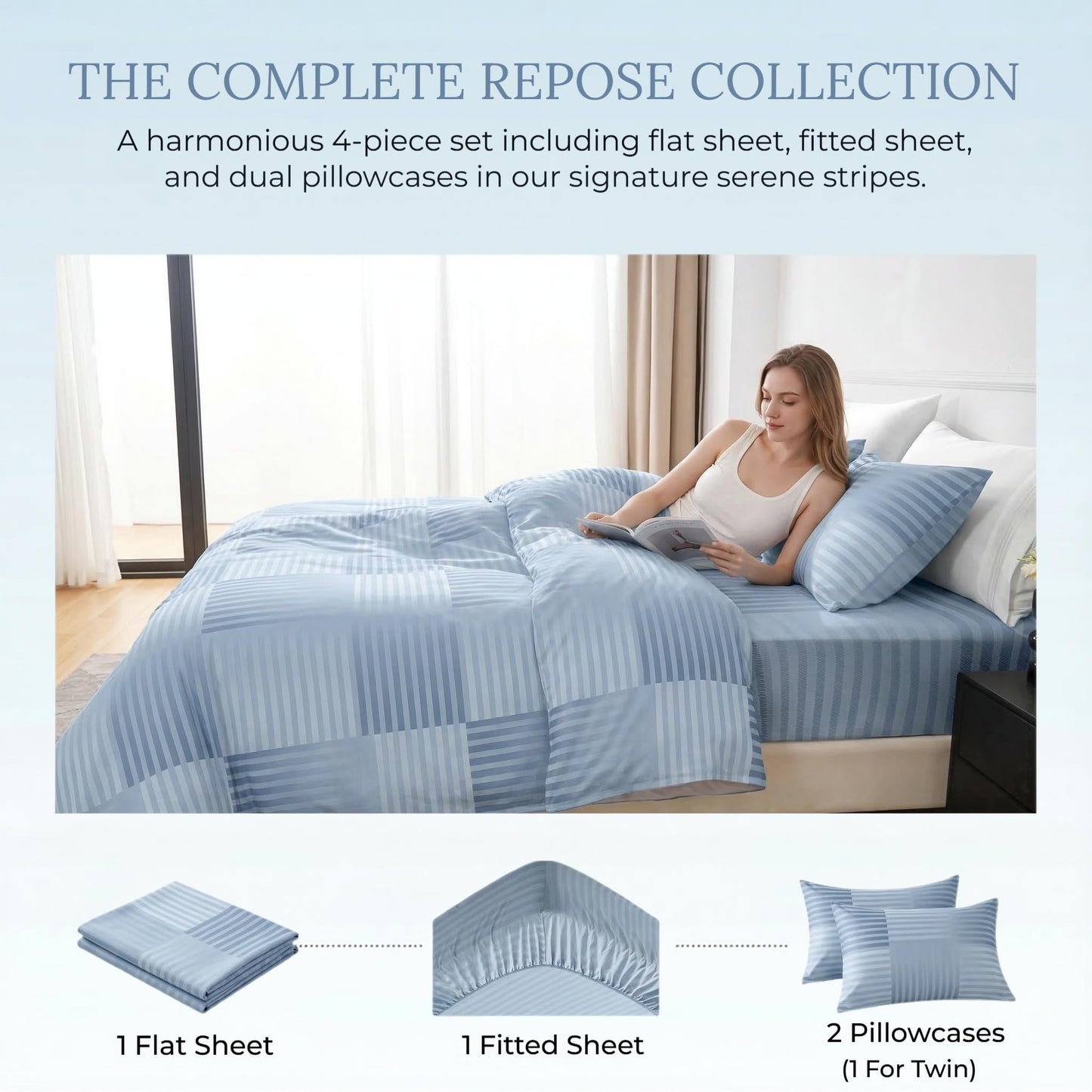 HCORA Striped King Sheet Set, Ultra Soft Double Brushed Microfiber Bed Sheets, Deep Pocket, Breathable, Wrinkle Resistant, Easy Care, 4PC, King