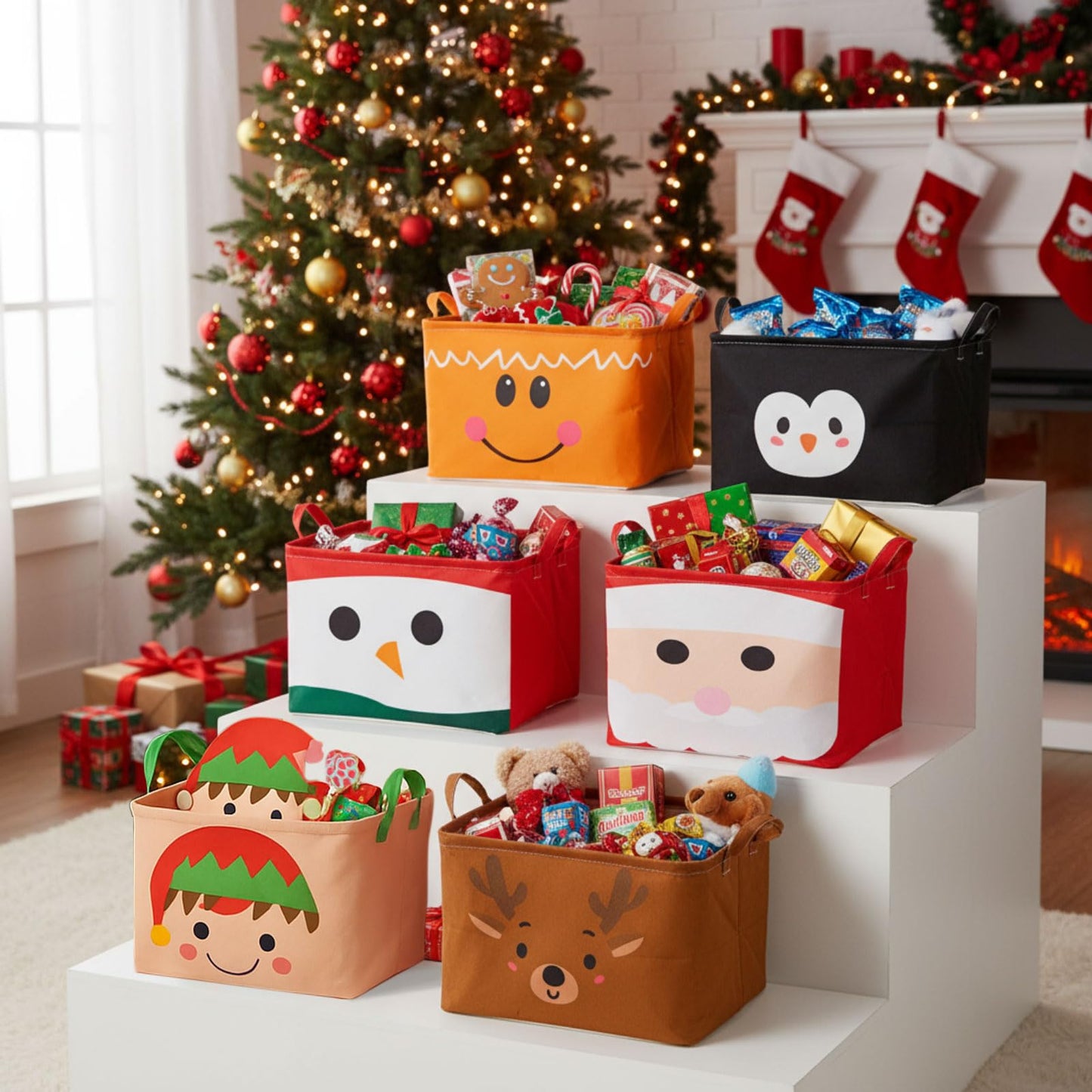 Wonderjune 6 Pcs Large Christmas Storage Basket 15 x 8.7 x 10.2 Inch Empty Christmas Gift Baskets with Handle Rectangle Foldable Xmas Storage Bin Organizer Box with Handle for Family Cloth Toy Gifts