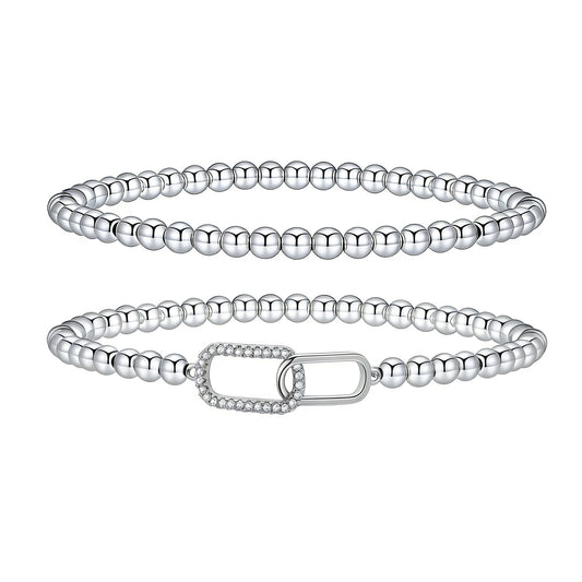 Silver Beaded Bracelets for Women 14K Silver Zirconia-square Bracelet Handmade Stackable Bracelets for Women Trendy Non Tarnish Bracelet Jewelry Gift for Womens 2Pcs (09.Zirconia-square+Beaded (Silver))