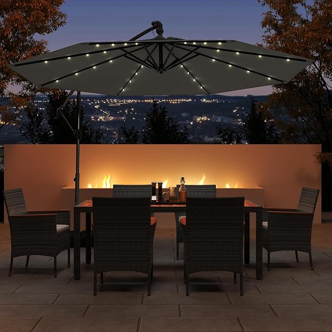 Tangkula 10ft Solar LED Patio Umbrella with Base, Offset Cantilever Outdoor Umbrella with 32 LED Lights, Infinite Tilt, 360 Degree Rotation, Crank Handle for Pool Deck Garden Backyard (Gray)