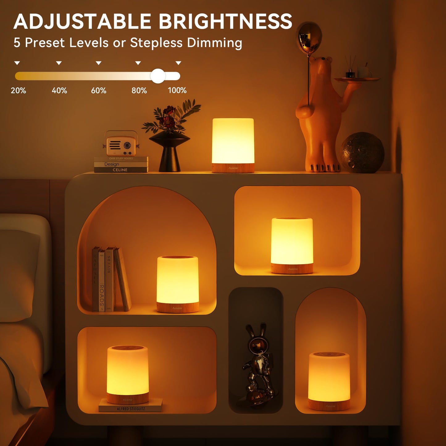 Auxmir Night Light, 3000mAh Rechargeable LED Table Lamp, Smart Dimmable Touch Control Bedside Lamp with RGB Color Changing & 4 Modes, Portable Night Light for Kids, Bedroom, Living Room, Camping